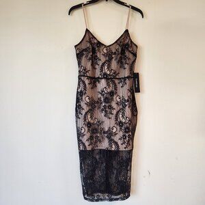 NWT Bebe Black Floral Chantilly Lace Lined Midi Dress, Nude Lining Size Small